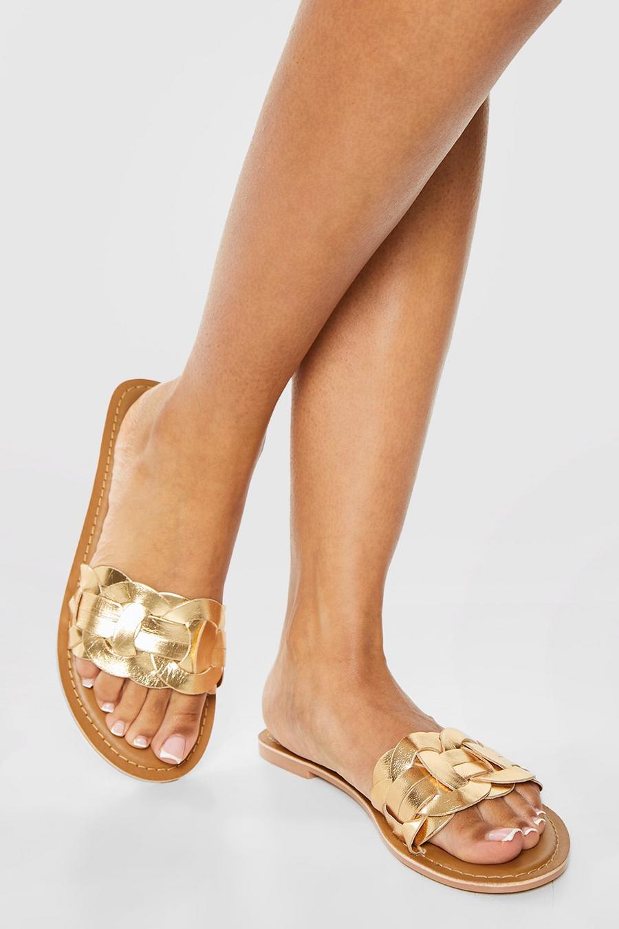 Gold Leather Woven Detail Slip On Sandals