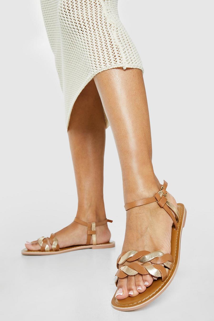 Tan Leather Wide Width Braid Detail Double Strap Two Part Sandals
