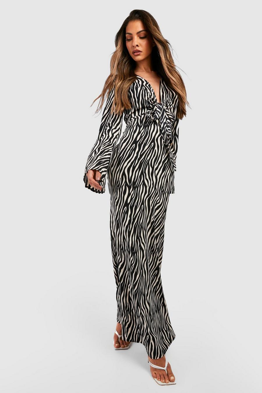 Black Zebra Cut Out Tie Front Maxi Dress image number 1