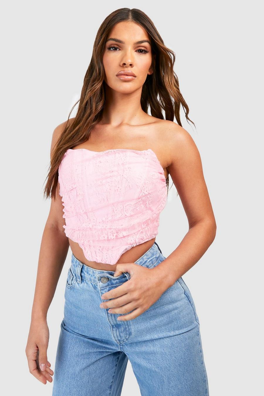 Pink Lace Ruched Pointed Corset Top