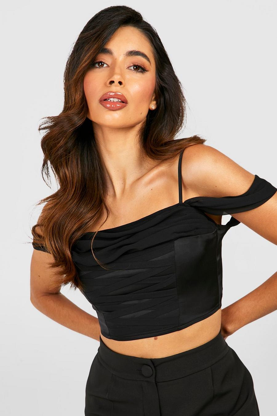 Top a corsetto in chiffon con laccetti e scollo a cappuccio, Black