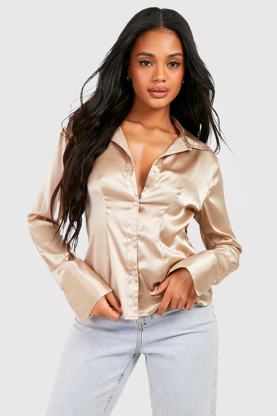 Taupe Satin Fitted Shirt