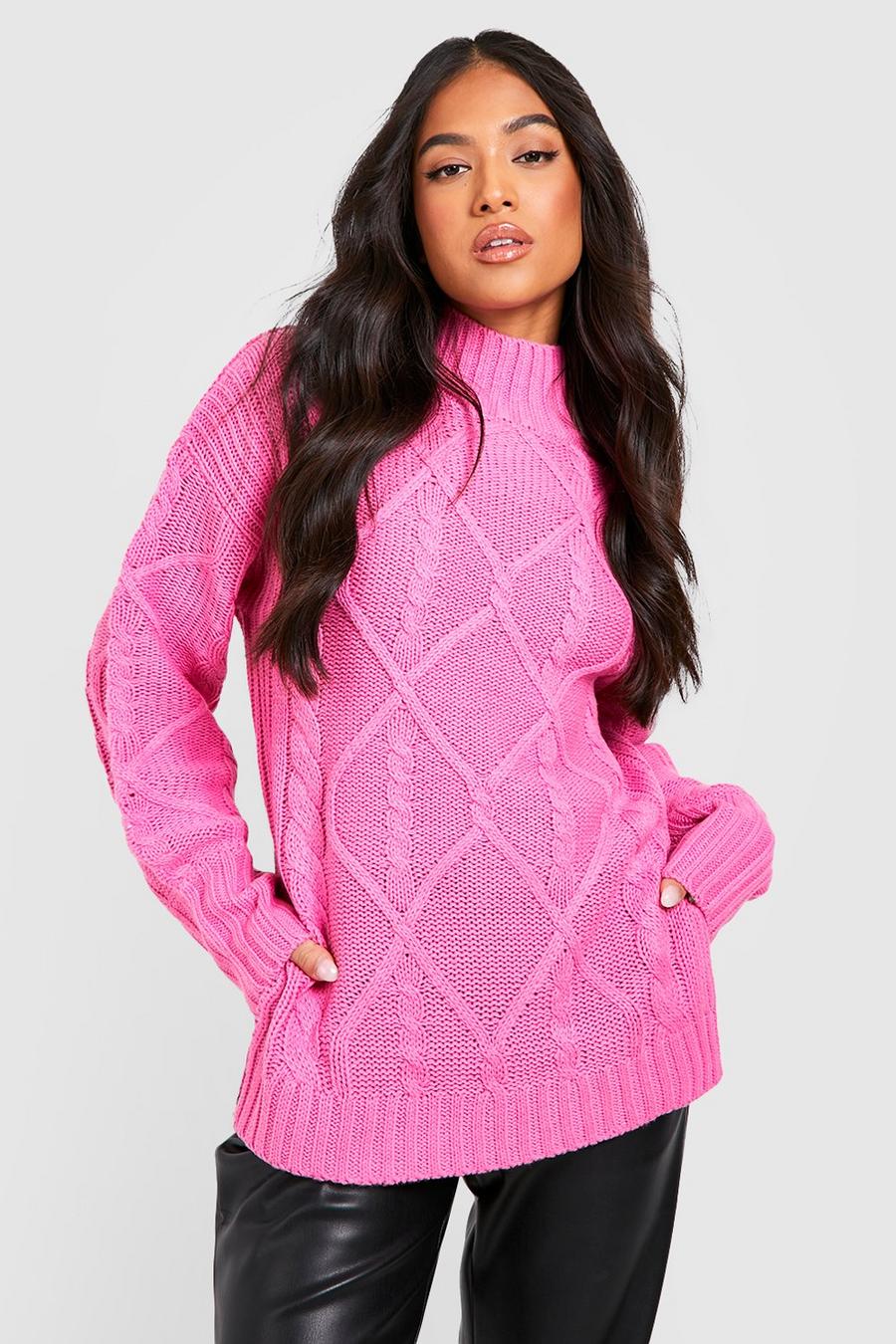 Petite hochgeschlossener Zopfmuster-Pullover mit geteiltem Saum, Pink