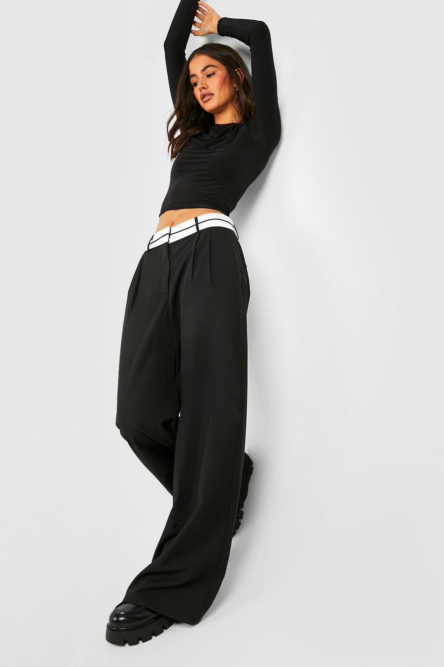 Black Reverse Waistband Tailored Wide Leg Trousers image number 1