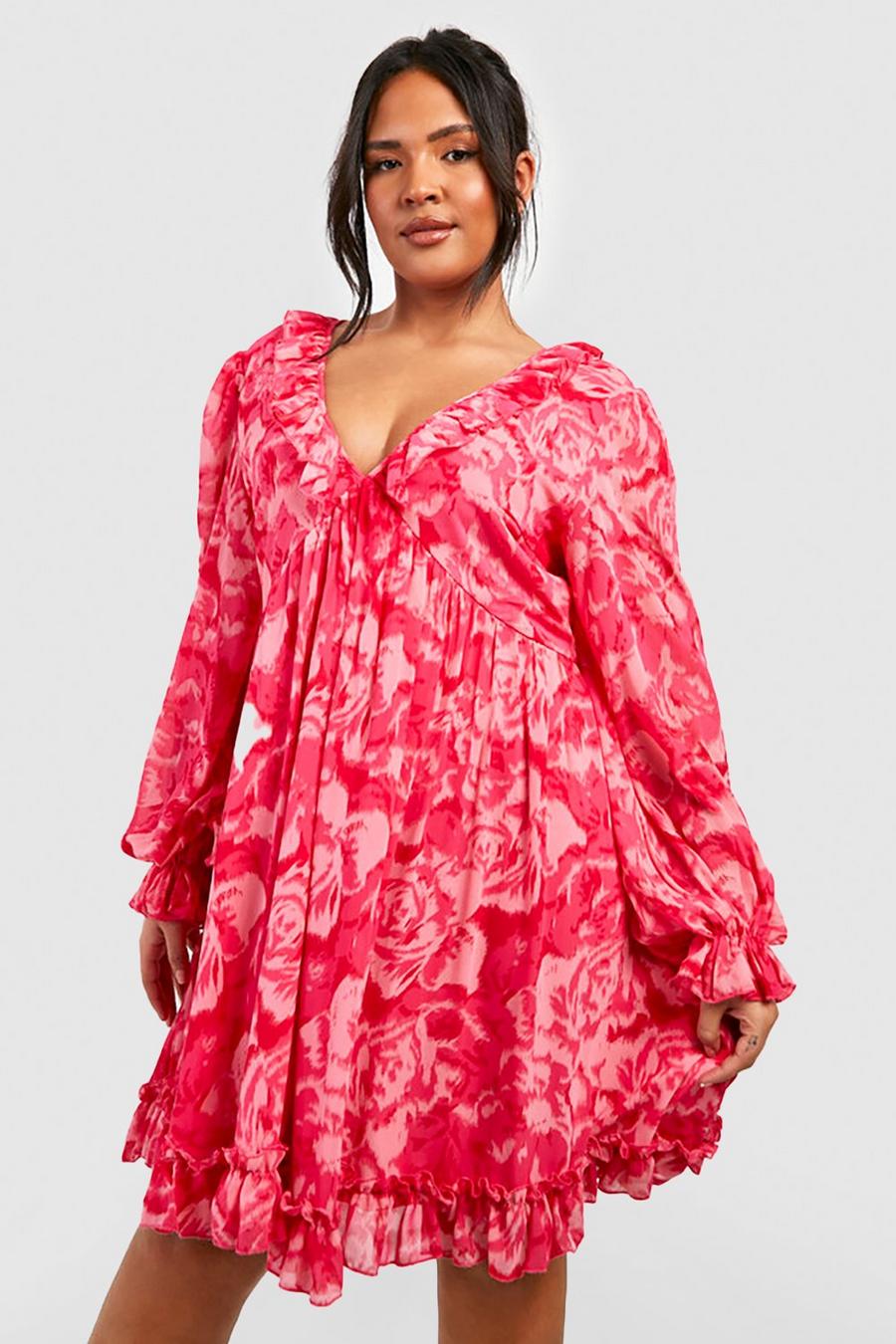 Pink Plus Gesmokte Chiffon Wikkel Jurk Met Print