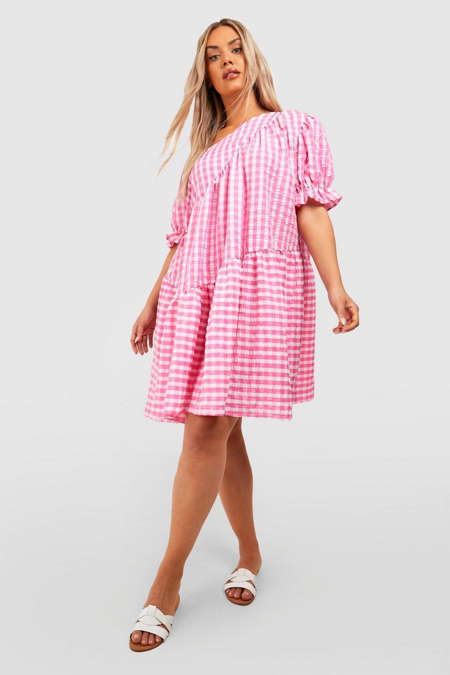 Pink Plus Gingham Textured Tiered Smock Dress