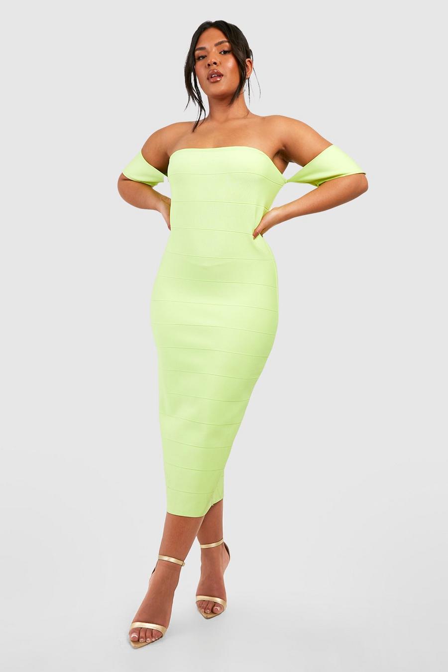 Lime green Plus Premium Bandage Off Shoulder Midi Dress