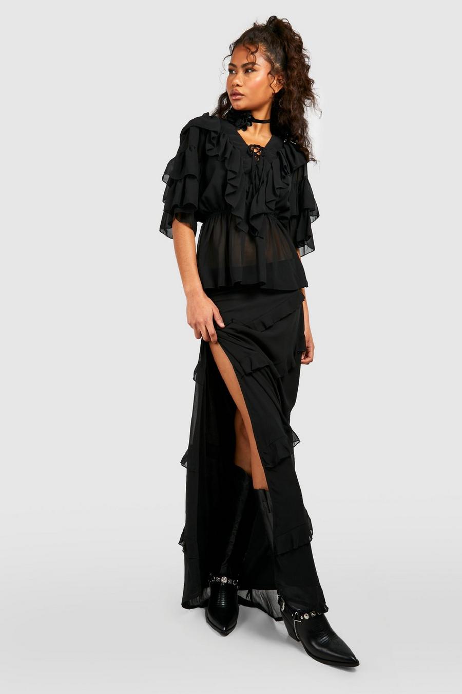 Gonna maxi in chiffon con balze e volant, Black