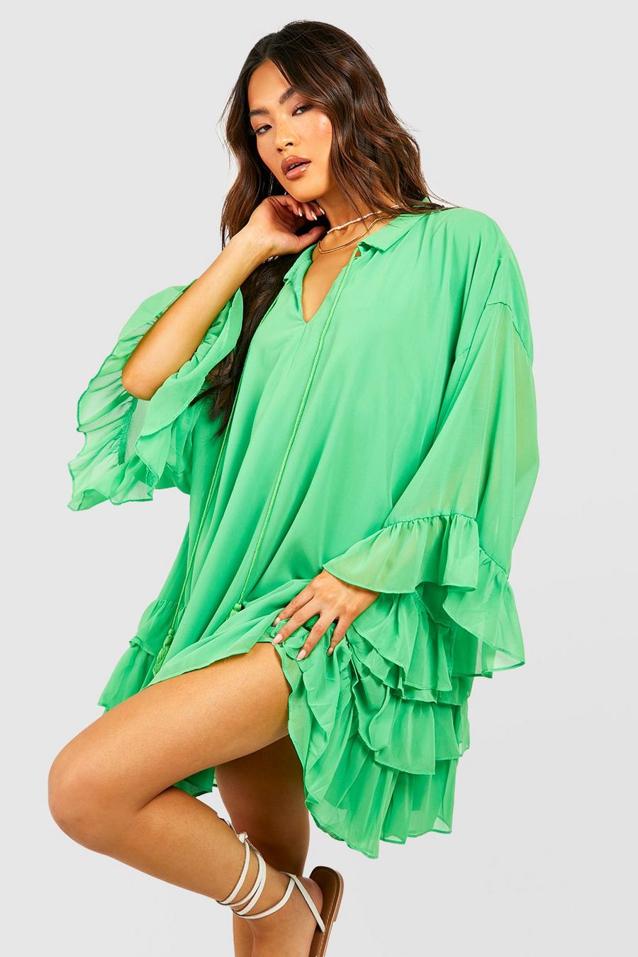 Smok-Kleid mit Rüschen-Detail, Bright green