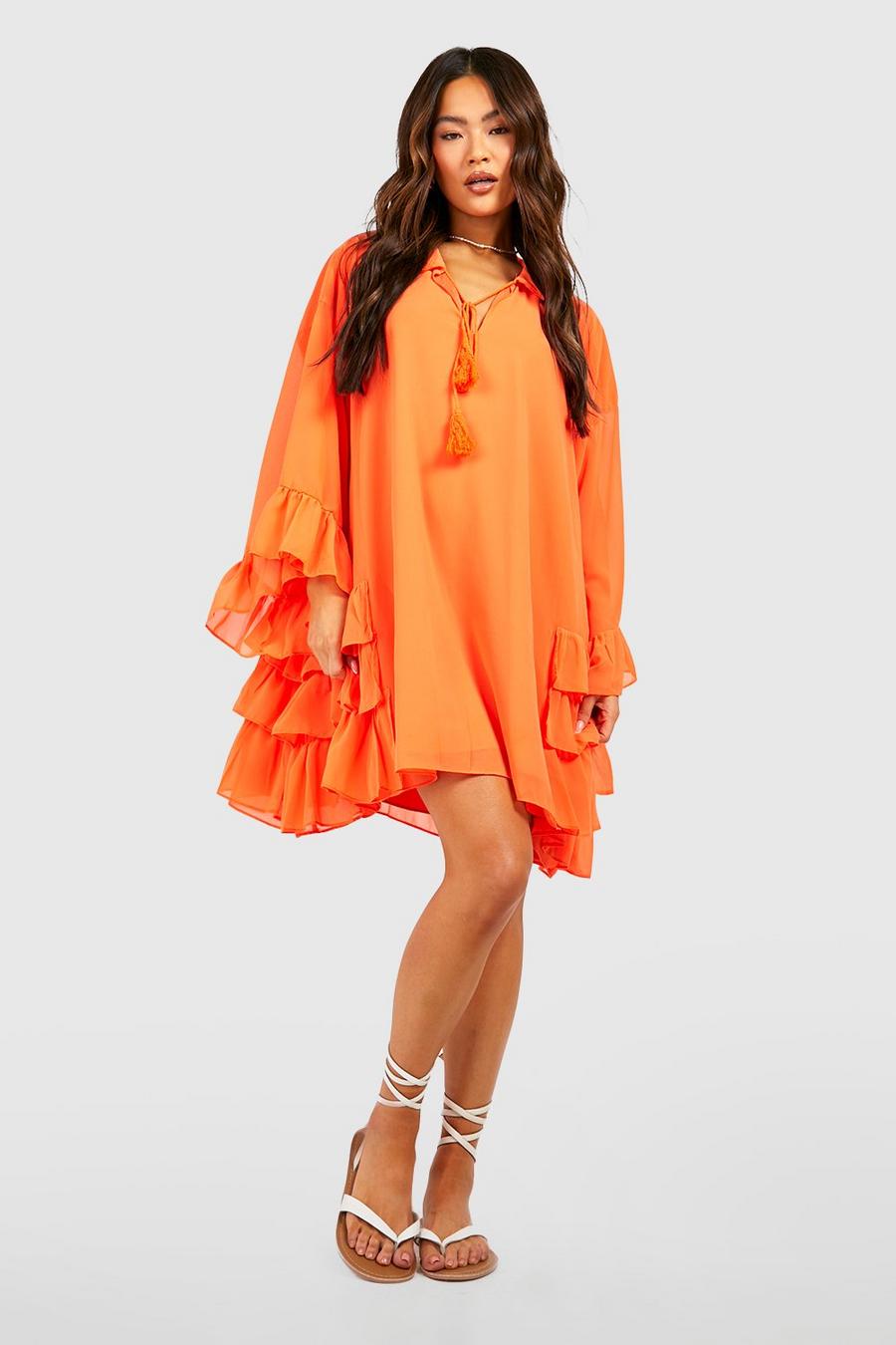 Smok-Kleid mit Rüschen-Detail, Orange