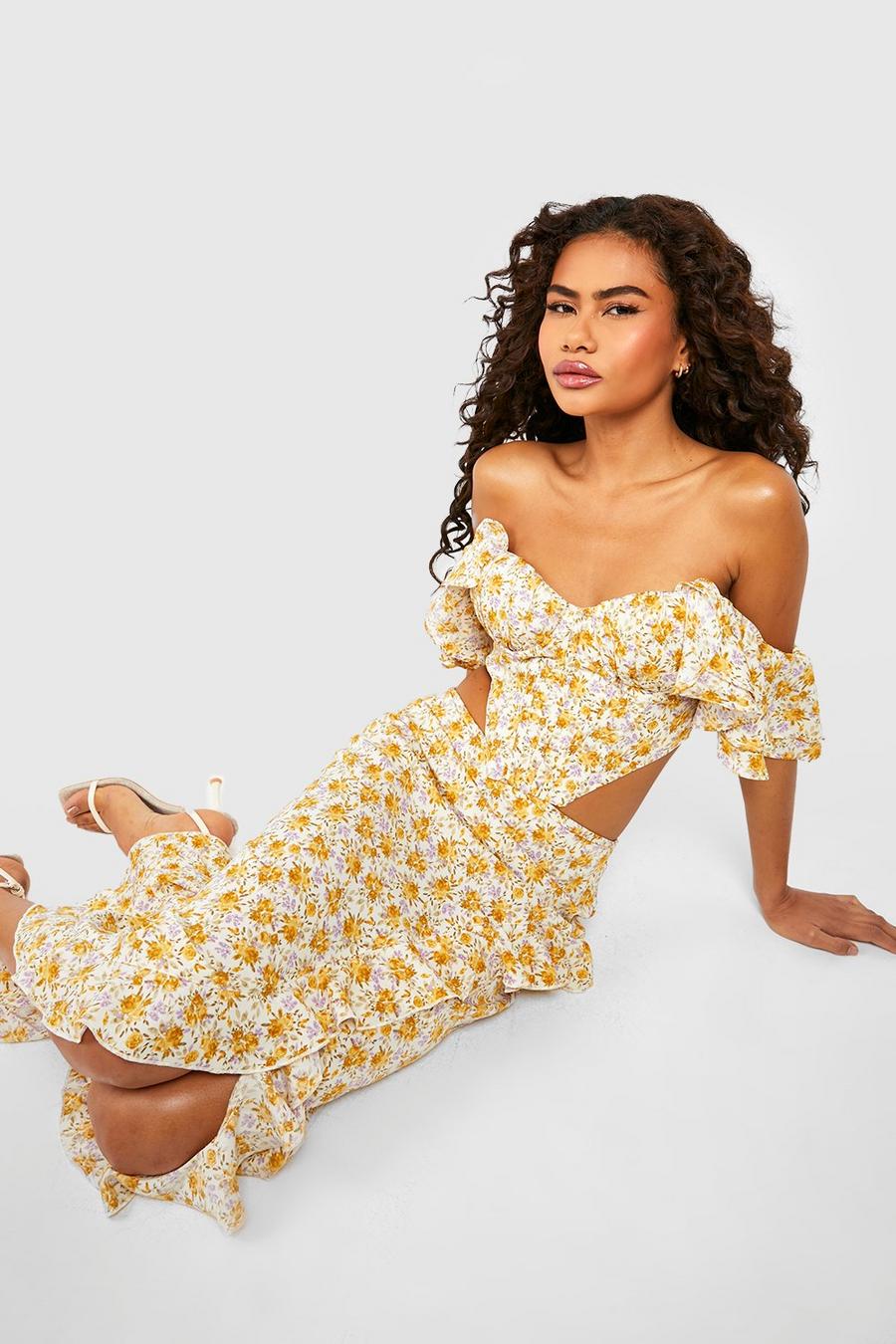 Yellow Ditsy Floral Ruffle Woven Maxi Skirt image number 1