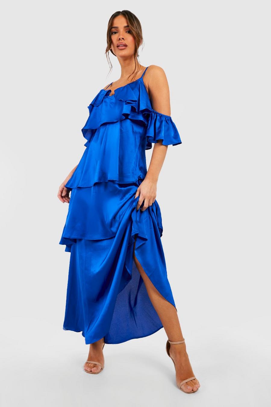 Cobalt Satin Ruffle Tiered Maxi Dress