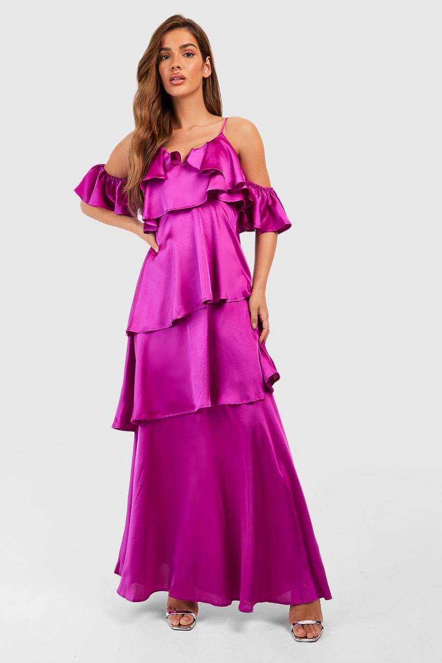Purple Satin Ruffle Tiered Maxi Dress