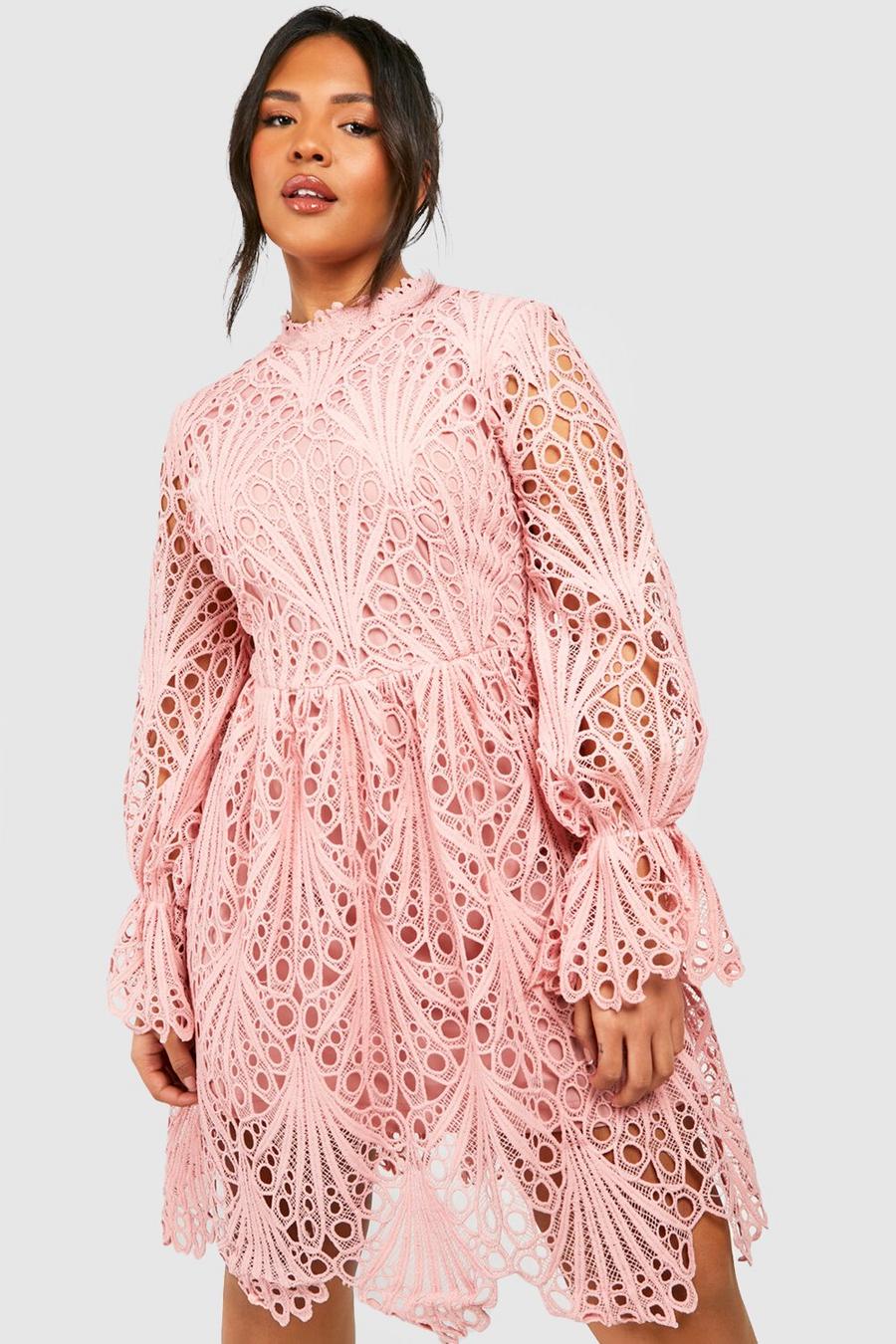 Blush pink Plus Flared Sleeve Lace Skater Dress