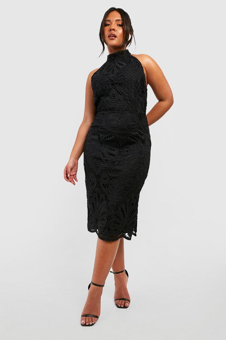 Black Plus Premium Crochet Lace High Neck Midi Dress