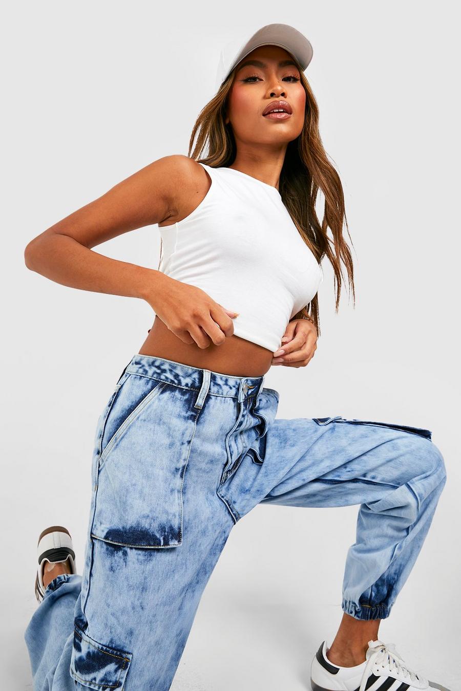 Light wash Overdyed High Waisted Cargo Track Pants Jeans