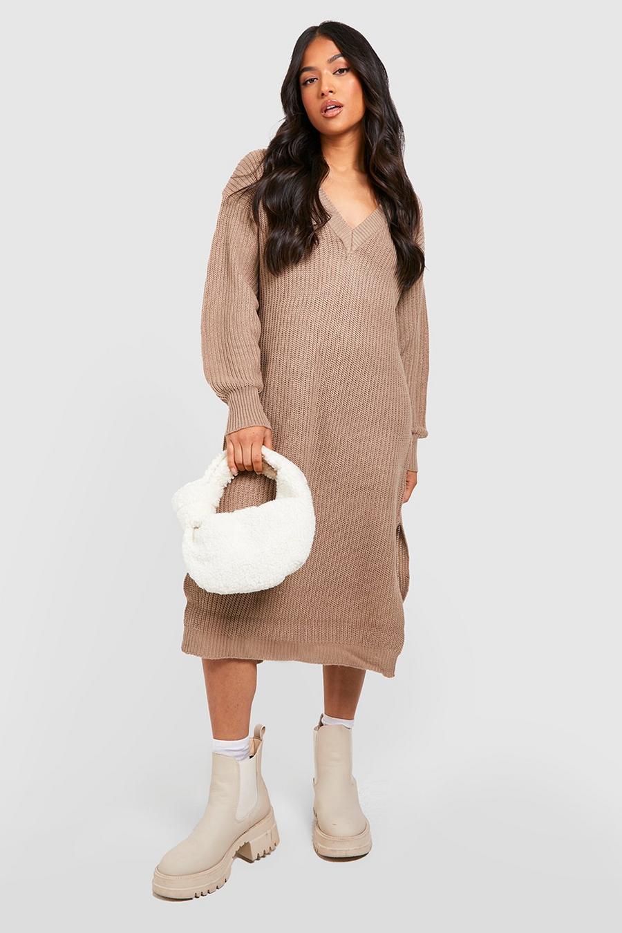 Mushroom Petite Knitted V Neck Midi Sweater Dress
