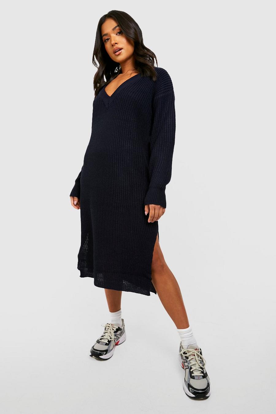 Navy Petite Knitted V Neck Midi Sweater Dress