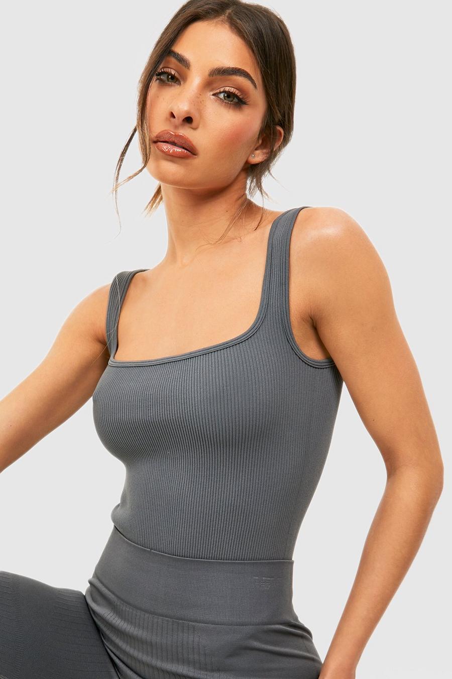 Charcoal Seamless Contour Ribbed Square Neck Bodysuit