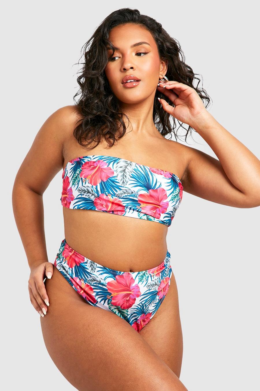 Plus Bandeau-Bikini mit tropischem Print, Pink