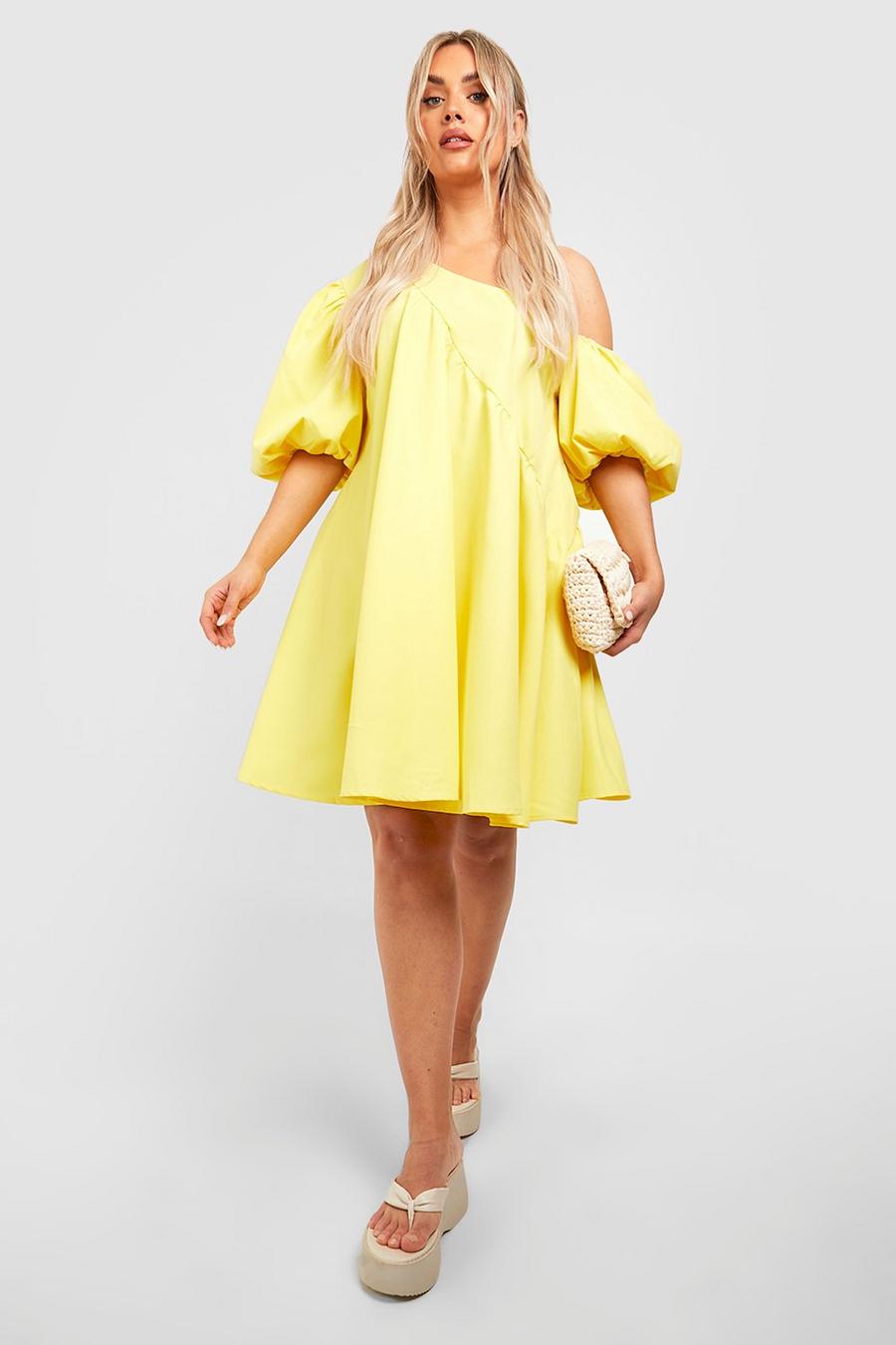 Lemon yellow Plus Off Shoulder Asymmetric Smock Dress