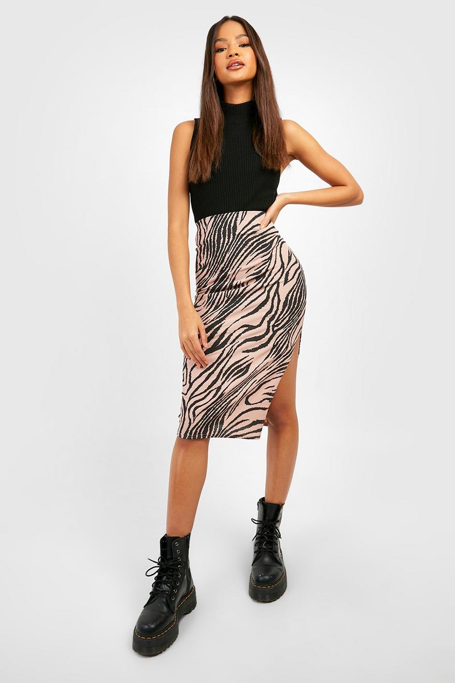 Stone Khaki Zebra Print Rib Side Split Midi Skirt