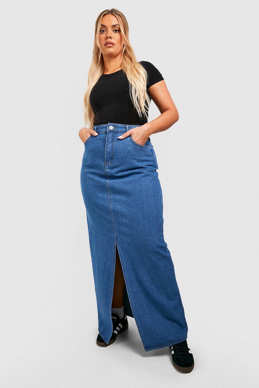 Mid blue Plus Denim Split Front Maxi Skirt