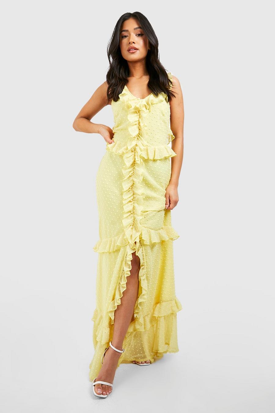 Lemon Petite Dobby Chiffon Ruffle Split Front Maxi Dress image number 1