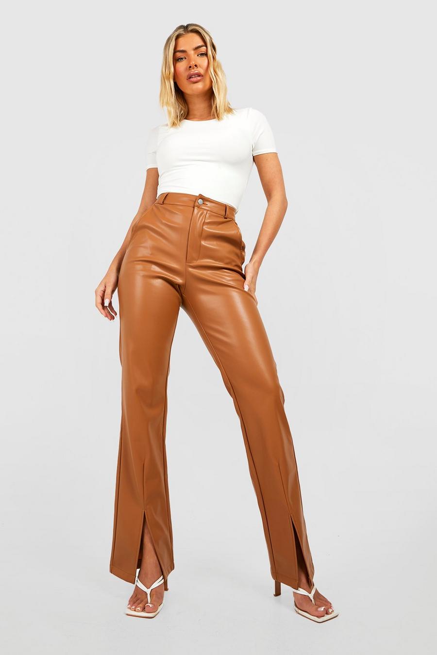 Tan Leather Look High Waisted Split Front Trousers