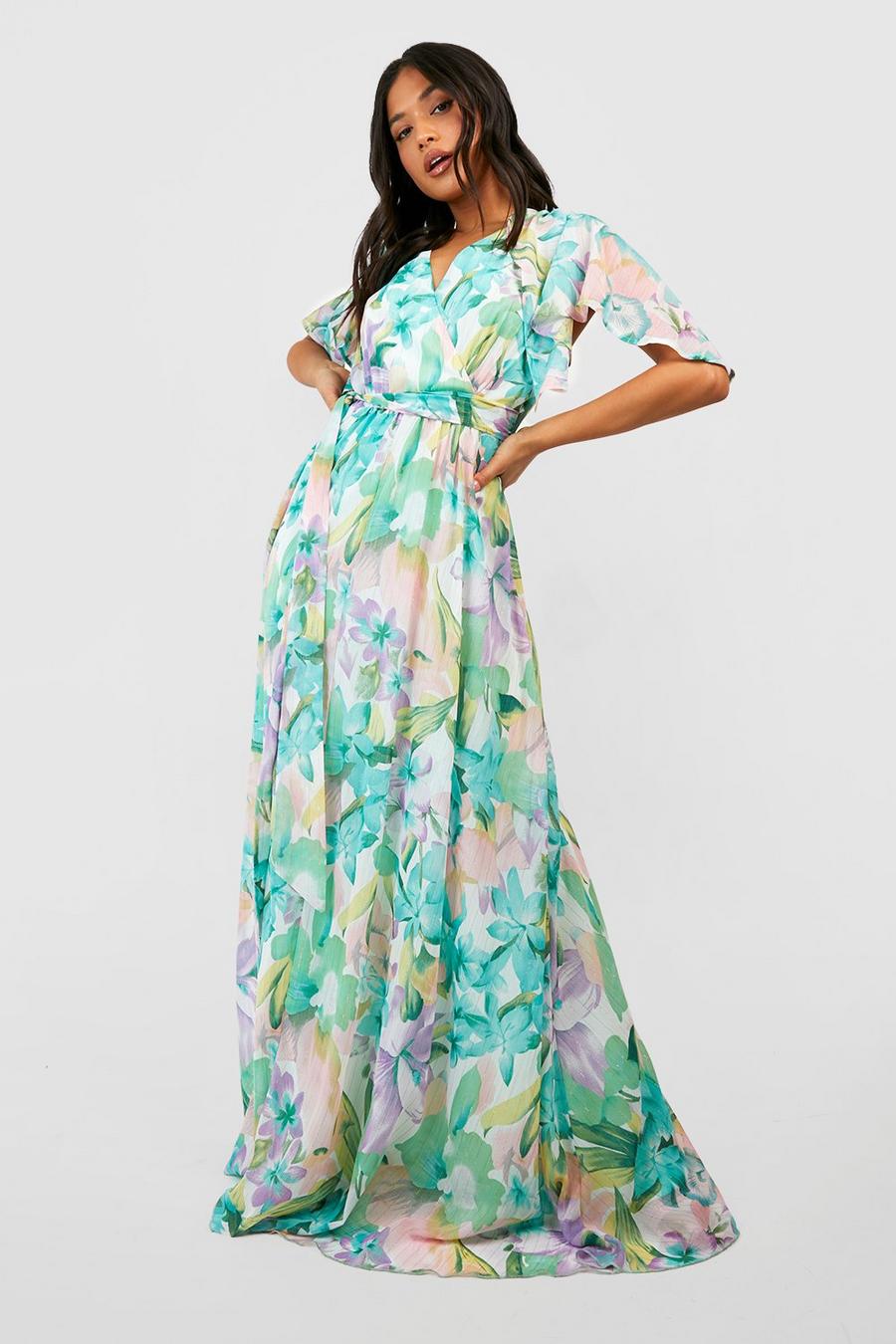 Mint Pastel Floral Angel Sleeve Strappy Maxi Dress