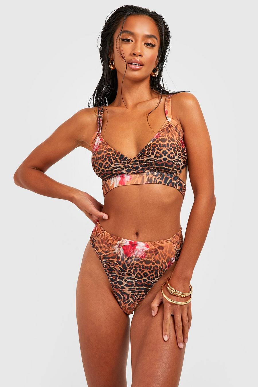 Petite Bikini-Hose mit tropischem Leopardenprint und seitlicher Raffung, Natural