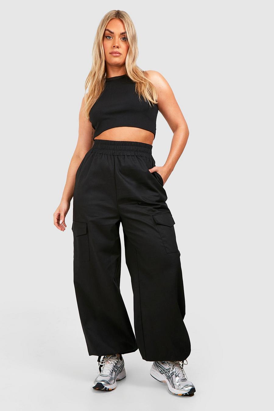 Black Plus High Waisted Tie Cuff Cargo Joggers
