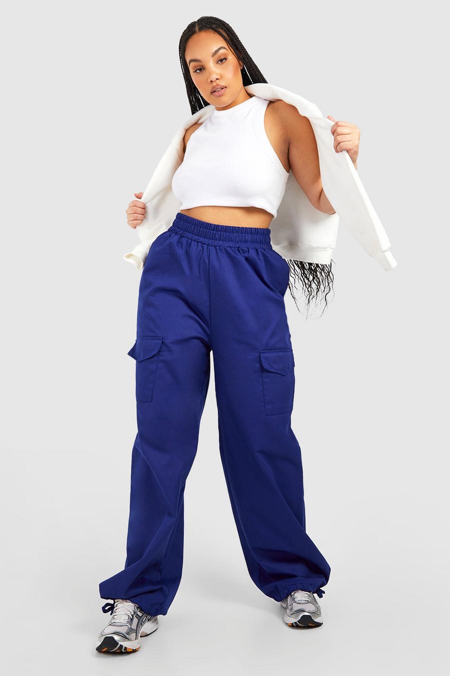 Navy Plus High Waisted Tie Cuff Cargo Joggers