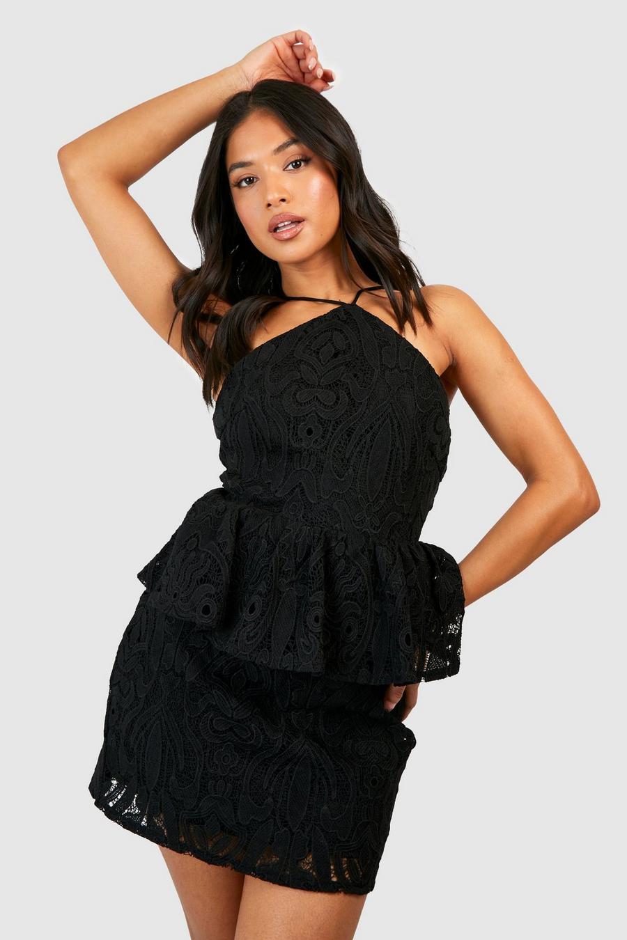 Black Petite Premium Lace High Peplum Mini Dress