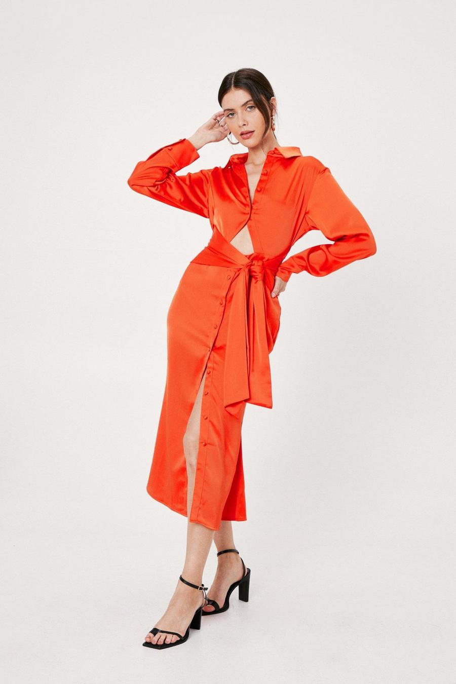 Cut Out Tie Front Midi Shirt Dress image number 1