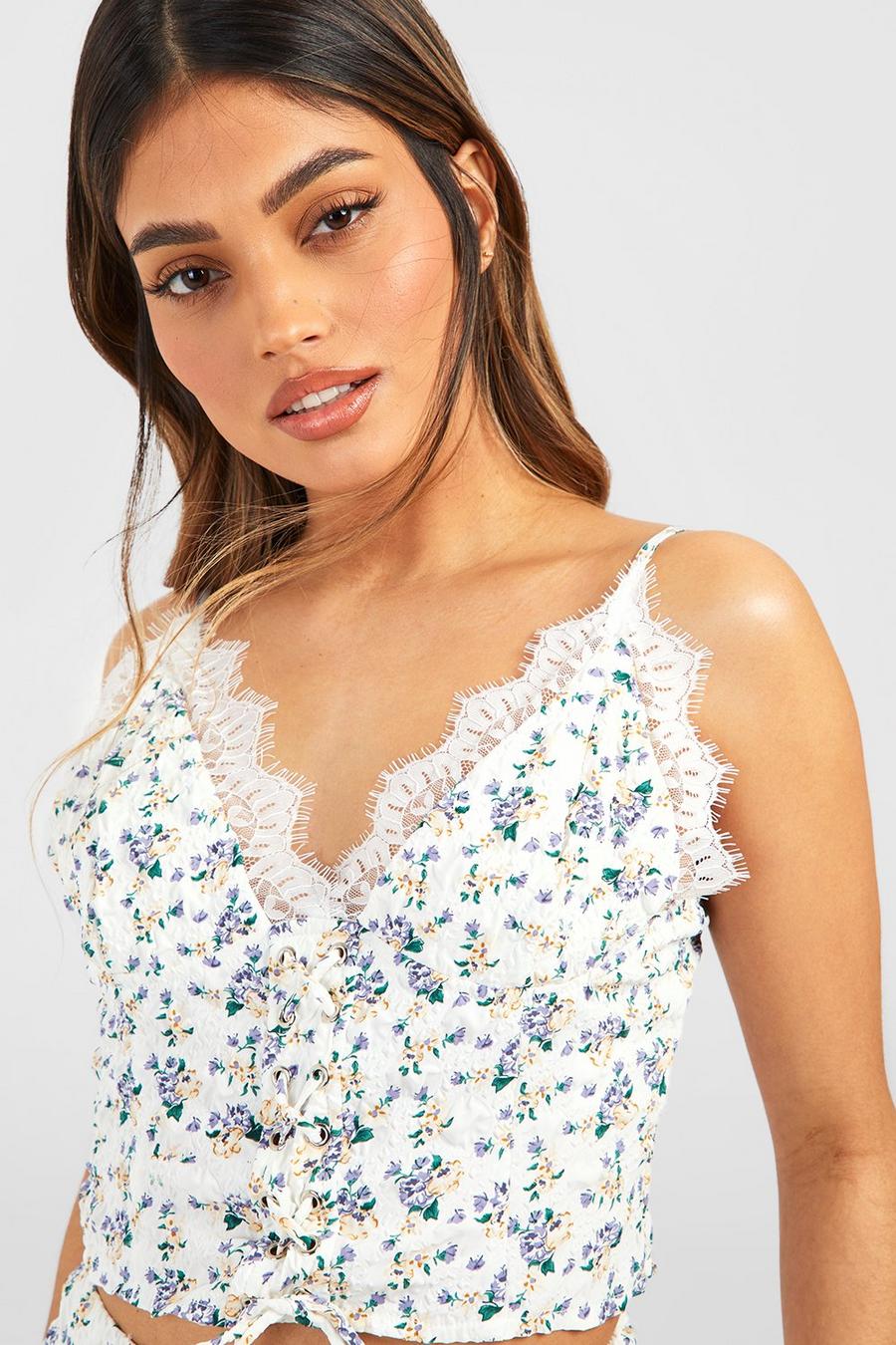 White Textured Ditsy Lace Up Strappy Corset Top