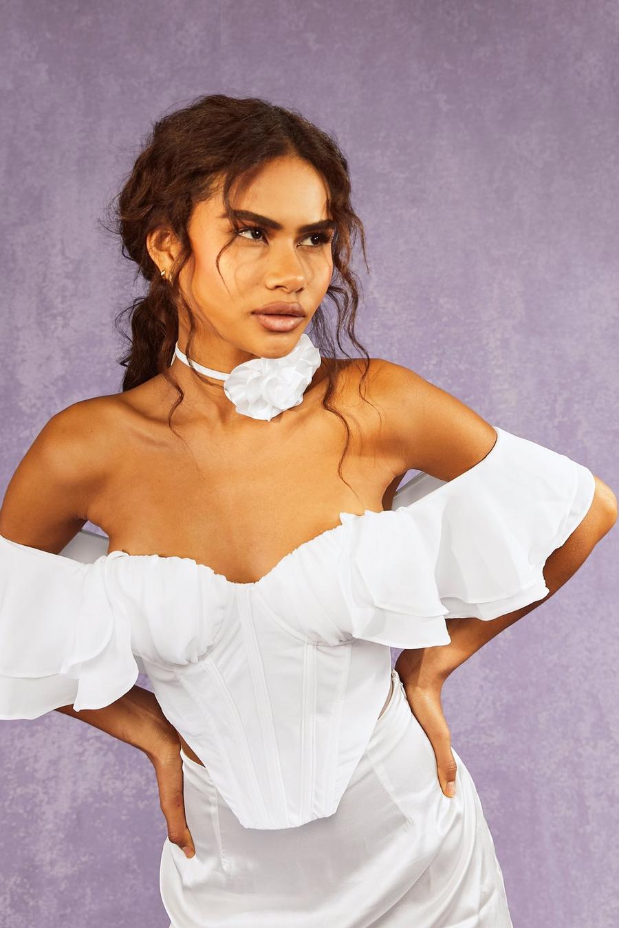 White Blommig off shoulder korsett-topp med volangärm