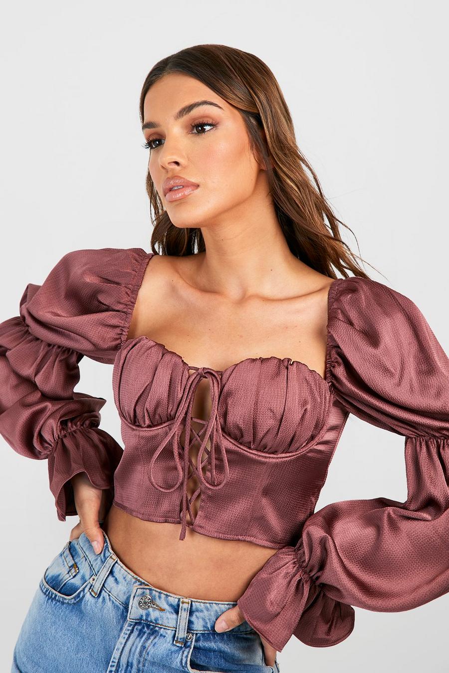 Chocolate Textured Satin Lace Up Detail Puff Sleeve Corset Top