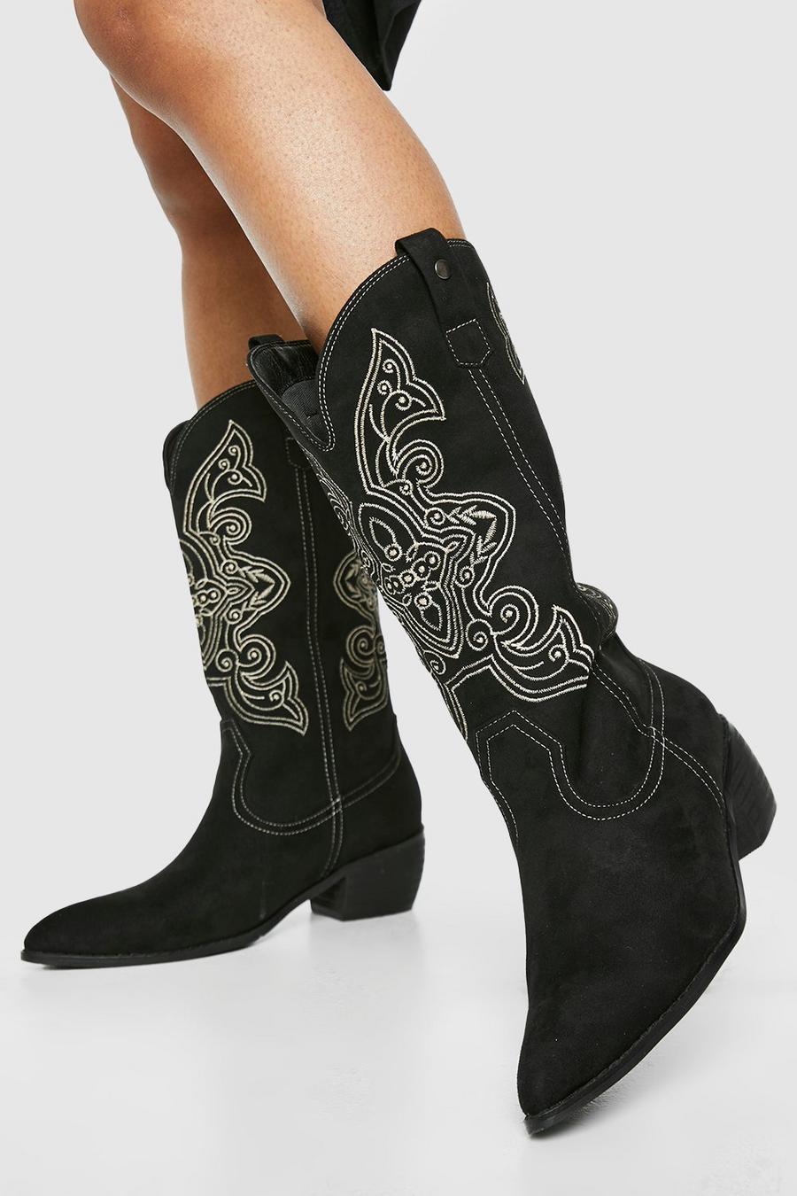 Black Wide Fit Contrast Embroidered Casual Cowboy Western Boots