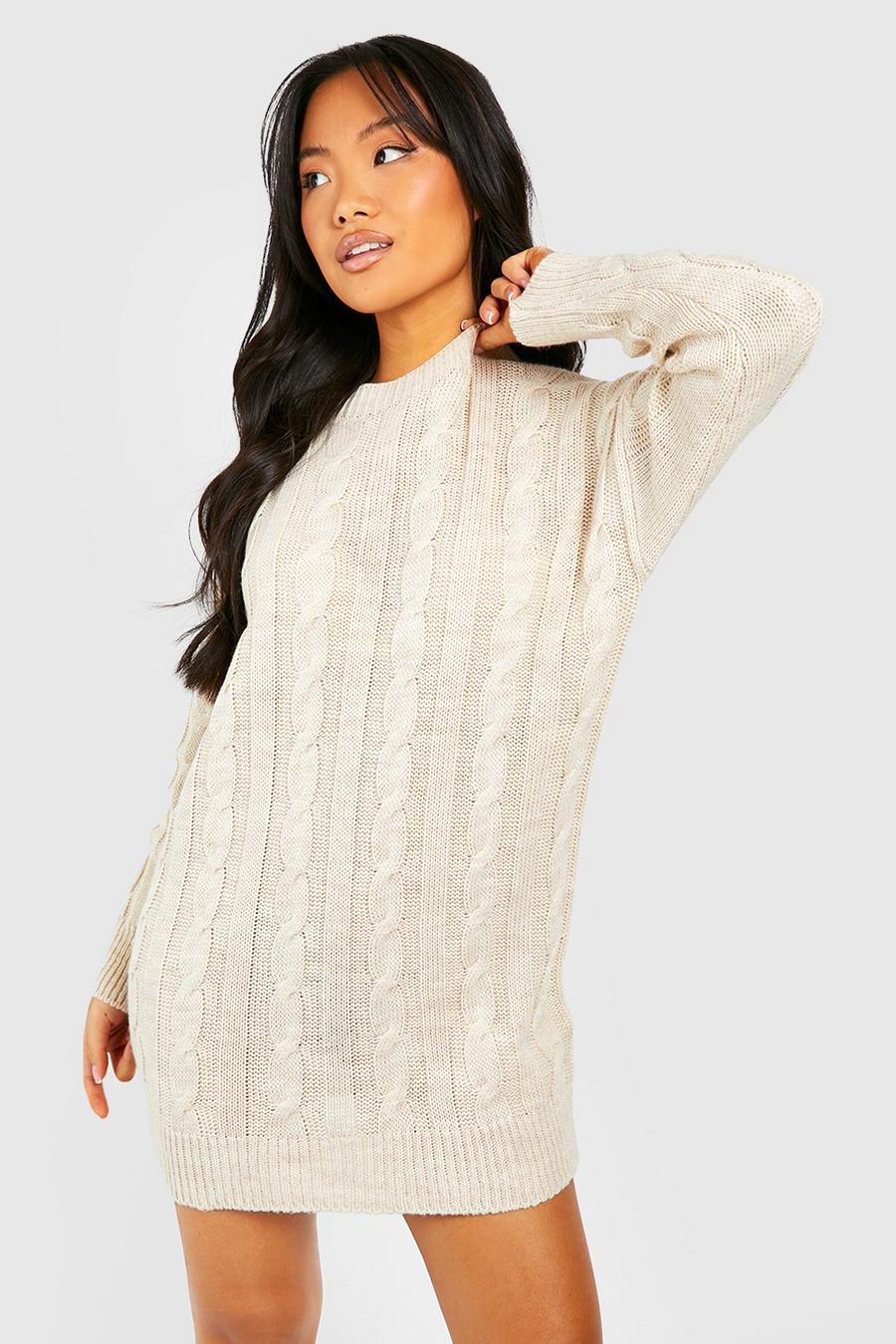 Oatmeal Petite Round Neck Cable Knit Sweater Dress