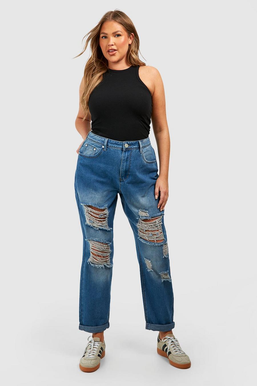 Blue Plus All Over Ripped Mom Jeans image number 1