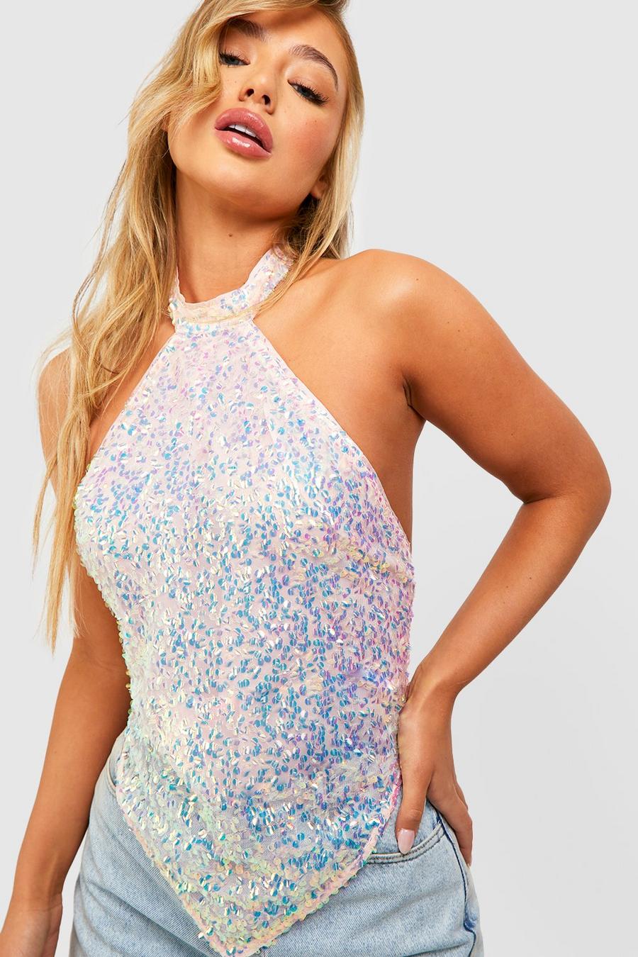 Pink Iridescent Sequin Halter Pointed Hem Tie Back Top