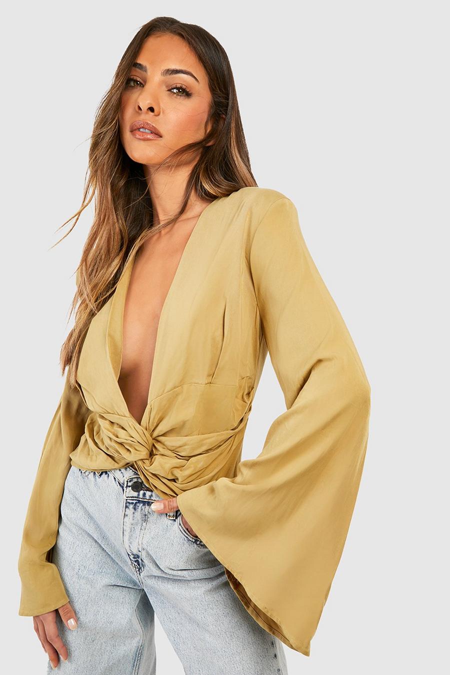 Olive Wrap Detail Drape Flared Sleeve Textured Blouse