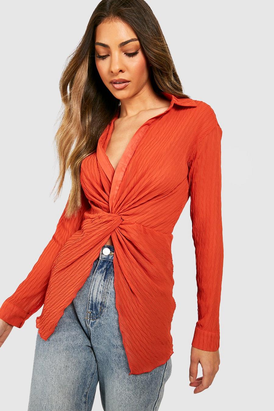 Camisa de corte largo plisada de chifón transparente con nudo, Orange