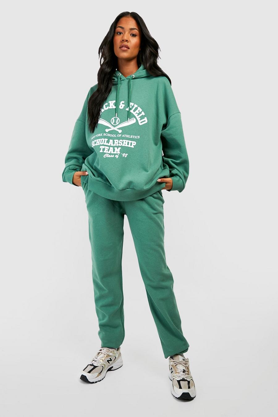 Green Tall Varsity Print Hoodie And Jogger Tracksuit