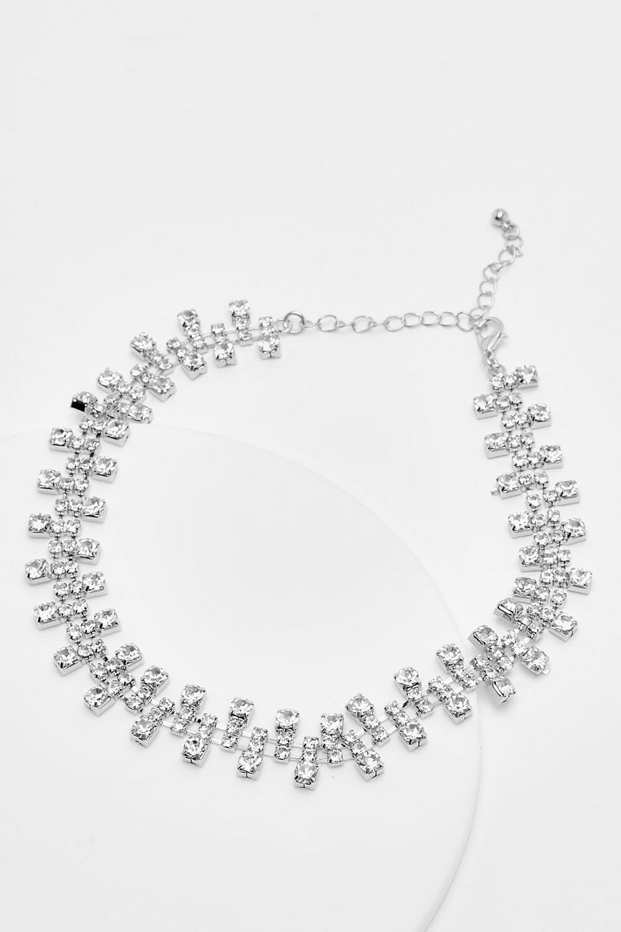 Silver Crystal Bar Choker Necklace
