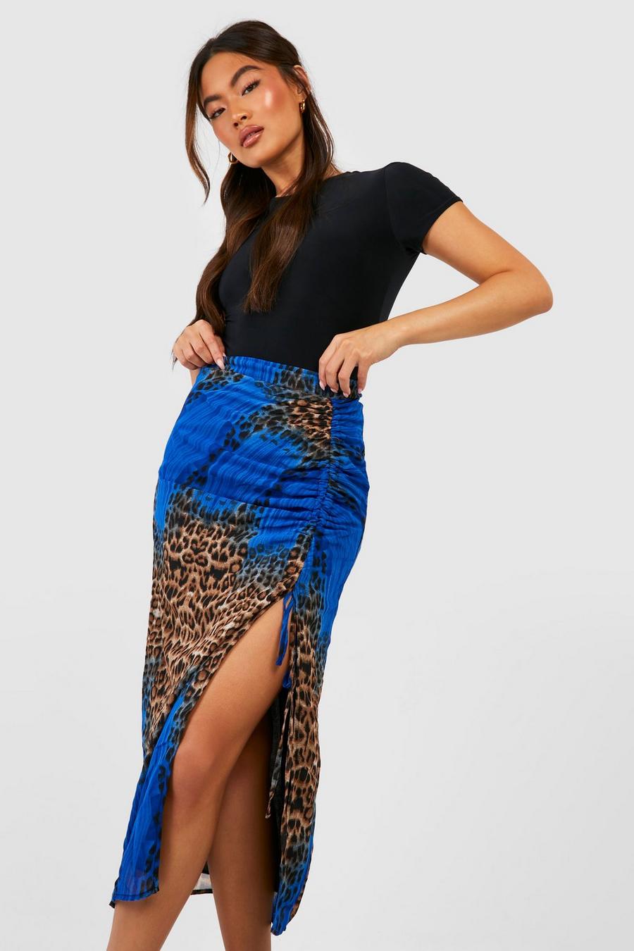 Black Chiffon Mixed Leopard Ruched Split Midi Skirt