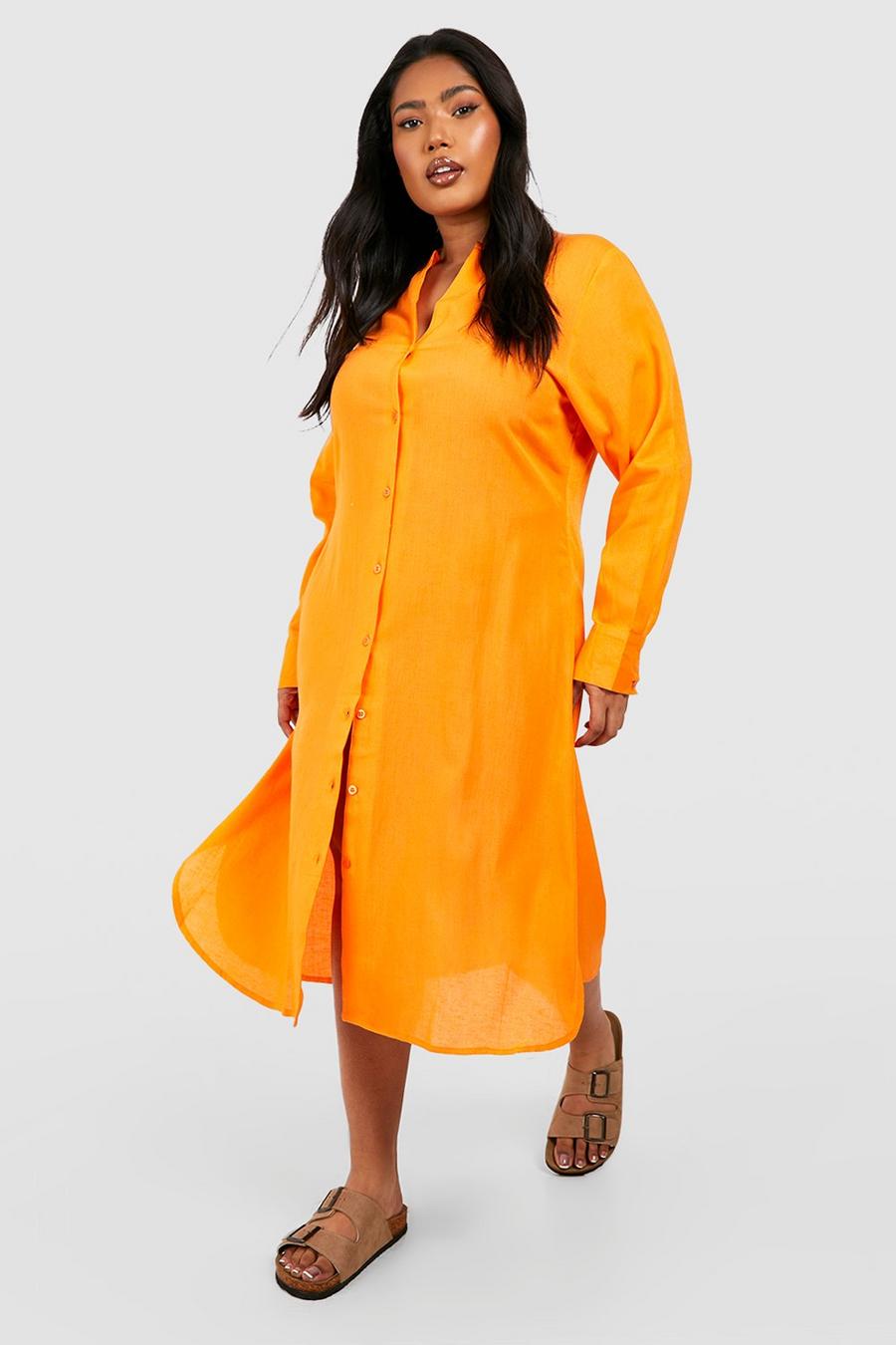 Vestito camicia midi Plus Size in lino, Orange