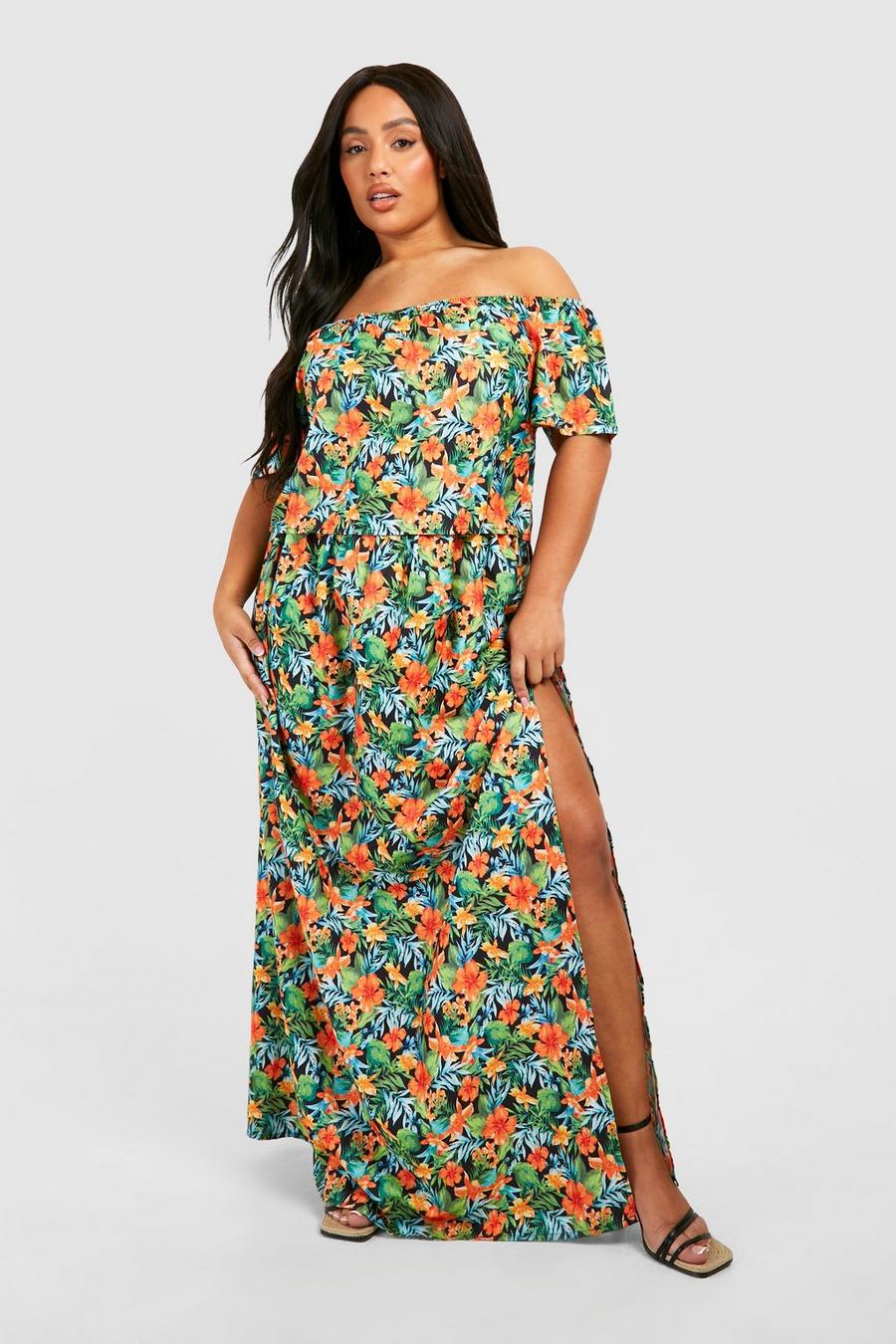 Black Plus Tropical Bardot And Skirt Co-ord image number 1