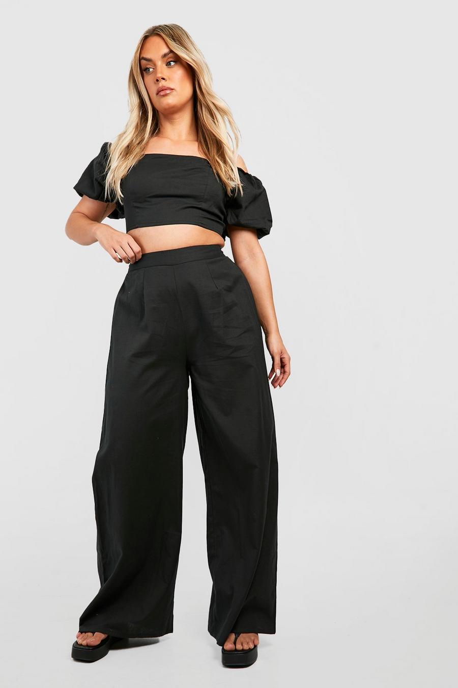 Top Plus Size in cotone con spalle scoperte & pantaloni coordinati, Black